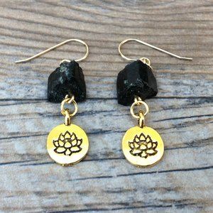 Raw Black Tourmaline earrings, Lotus charm earrings , healing jewelry